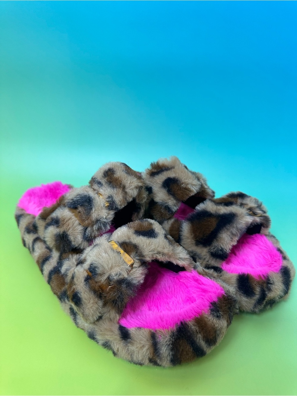 Cape Robbin Leopard Print Slide Sandals Neon Green Trim Slip-On Flats